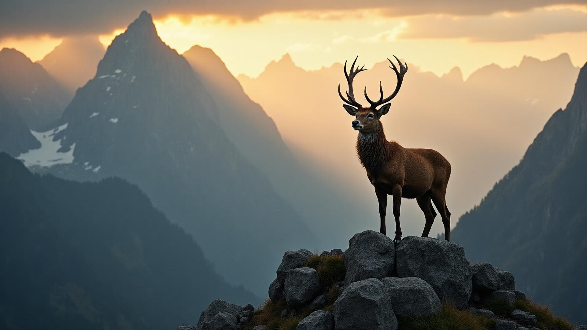 Hirsch auf einem Berggipfel in den Alpen