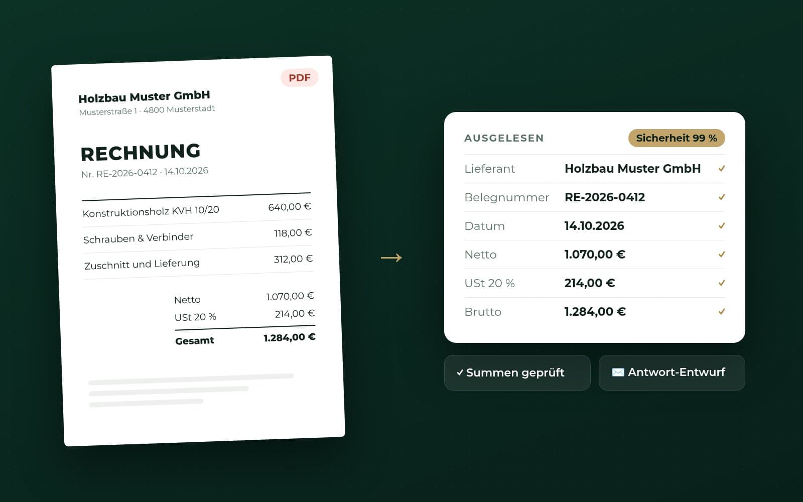 Rechnung als PDF und die daraus ausgelesenen, geprüften Felder