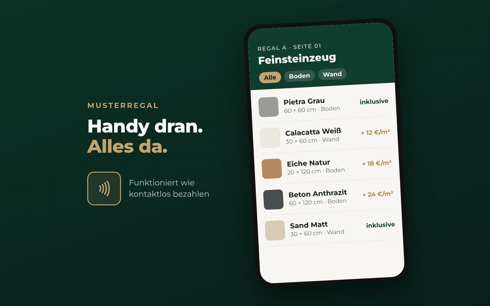Handy zeigt die Fliesen einer Regalseite mit Formaten und Aufpreisen