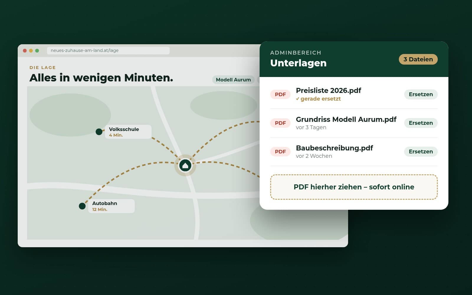 Adminbereich zum Austauschen von PDFs vor der Projekt-Website mit Lagekarte